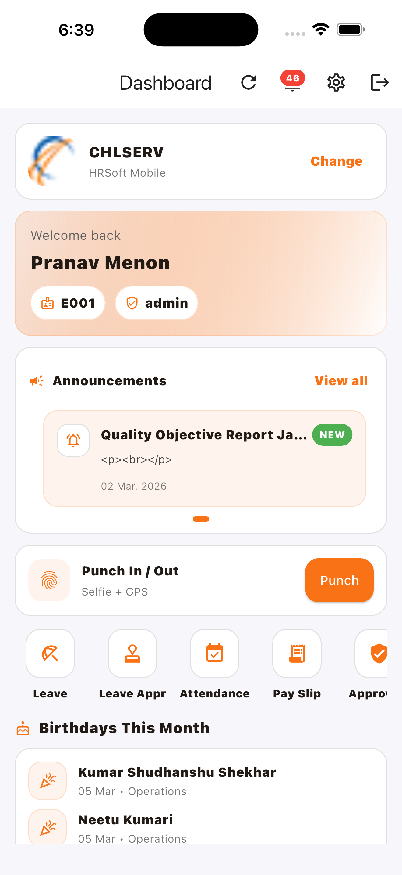 HRSoft mobile dashboard screen
